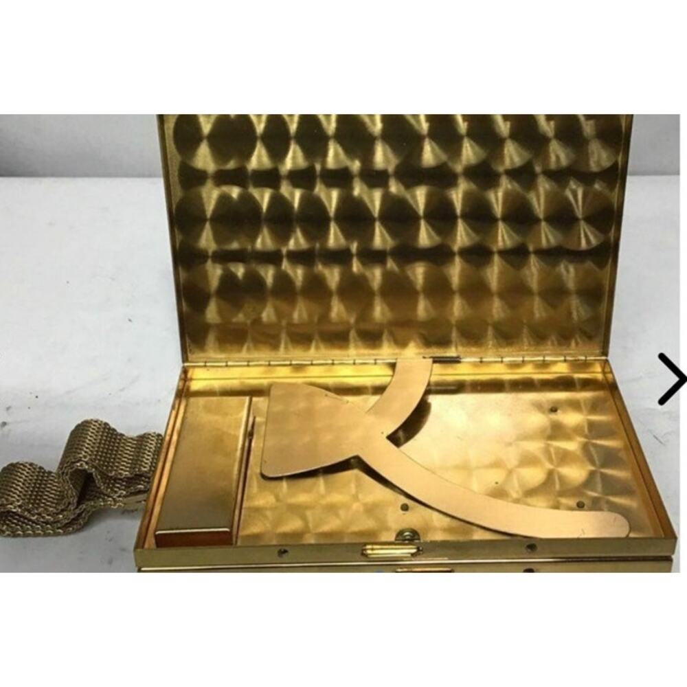 RARE Vintage Brushed Gold Minaudiere Clutch Cosmetic Cigarette‎ Case Combo - Picture 6 of 6